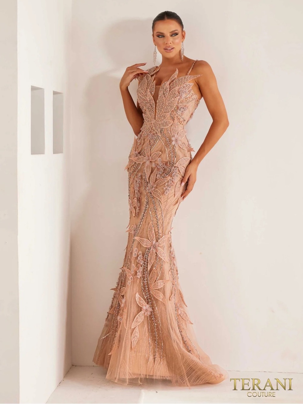 Terani Couture Blush Pink Beaded Floral Mermaid Evening Dress